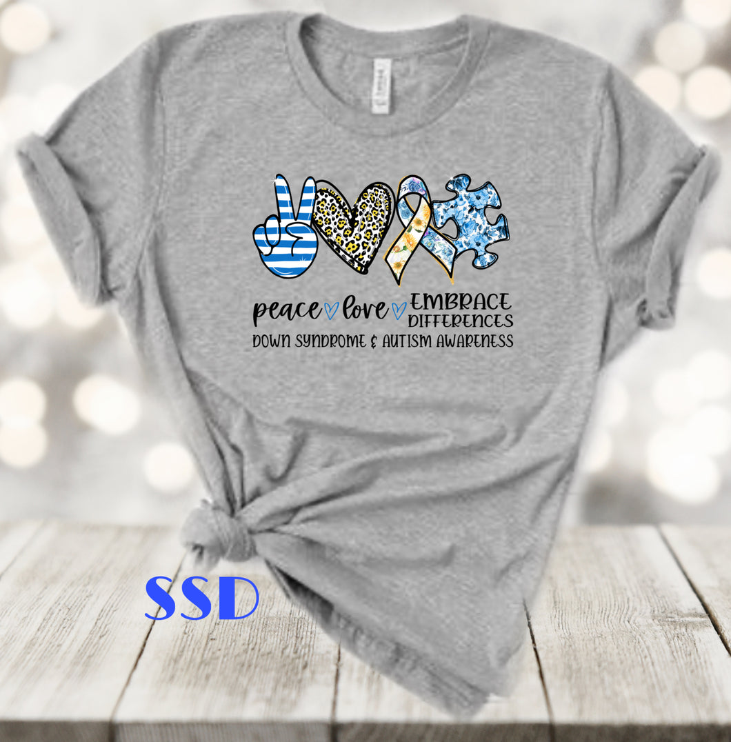 Peace Love Down Syndrome & Autism Awareness T-shirt